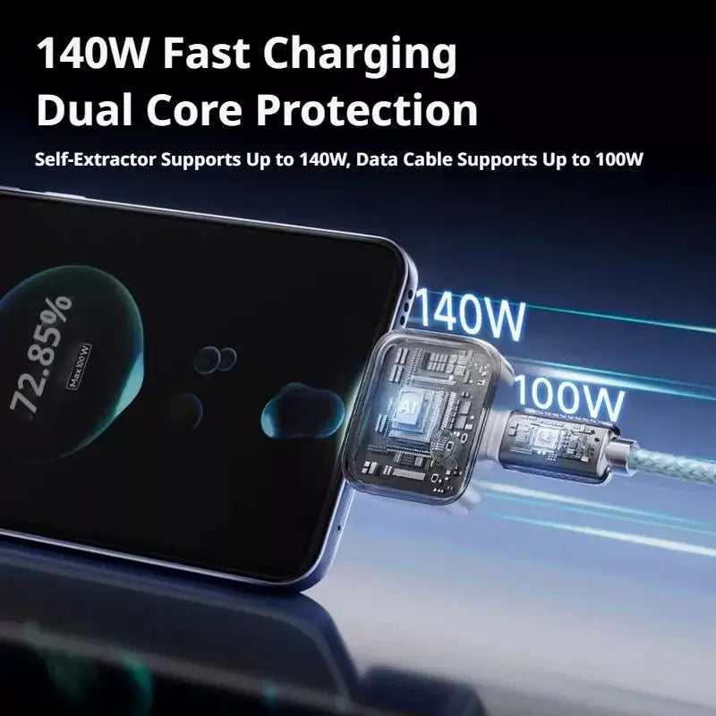 140W Fast Charger Automatic Power Off Type-C Cable Overcharge Protection Dual Chip Laptop Tablet Phone New Upgrade Fast Charging