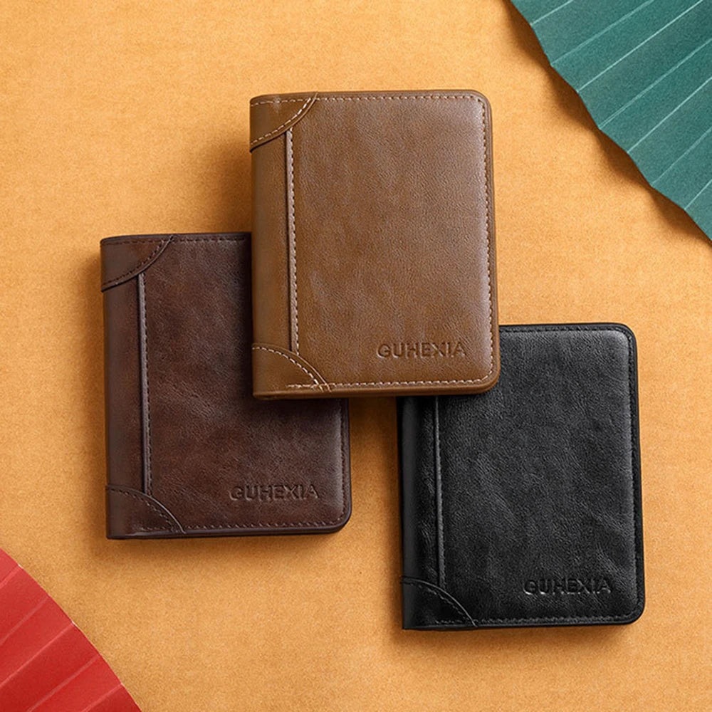 PU Leather RFID Wallet Men Slim Vertical Wallets Black Thin Short ID Credit Card Holder Minimalist Men's Brown Money Bag